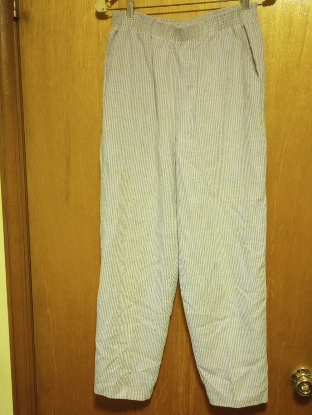 Briggs Tan, Gray & White Striped Vintage Polyester & Linen Pants, Sz 12 Petite